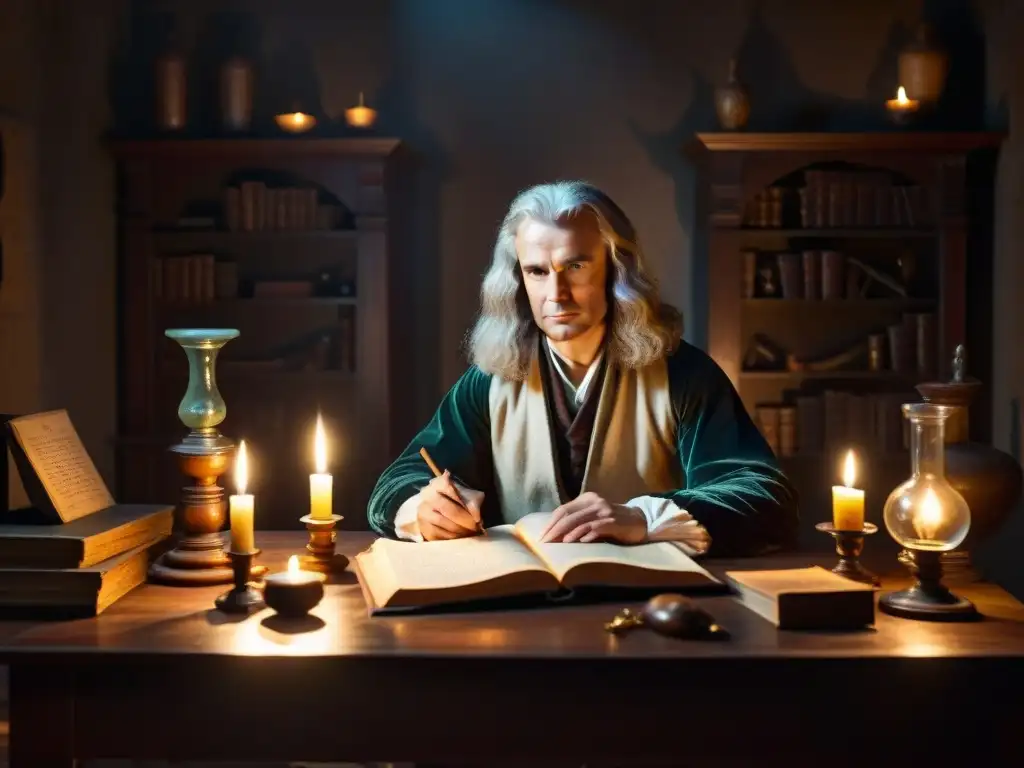 Isaac Newton alquimista, sumido en misteriosas experiencias bajo la luz de las velas