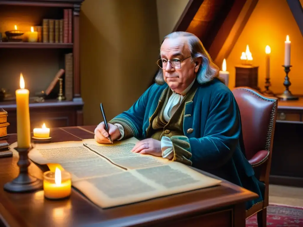 Benjamin Franklin sumido en misteriosos Illuminati, rodeado de símbolos y documentos antiguos