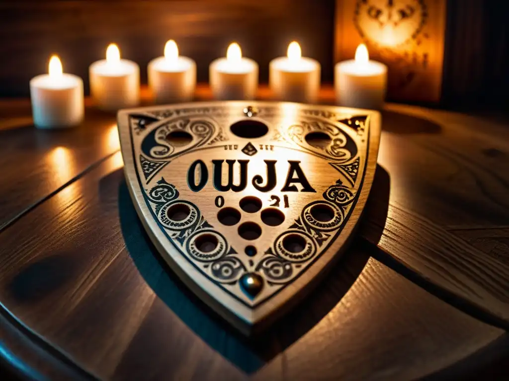 Planchette en tablero Ouija vintage, detalles intrincados, sombras misteriosas, ambiente espiritual