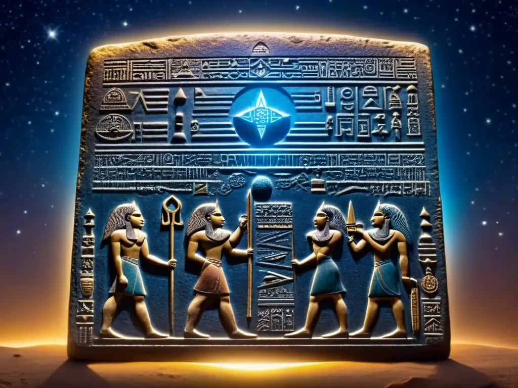 Tableta sumeria detallada de los Anunnaki dioses antiguos extraterrestres bajo un cielo estrellado místico y enigmático