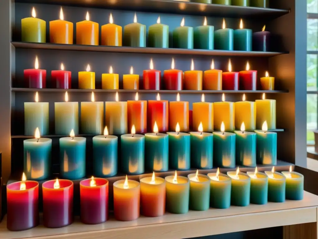 Un taller artesanal de velas muestra coloridas creaciones con significado espiritual en siete colores