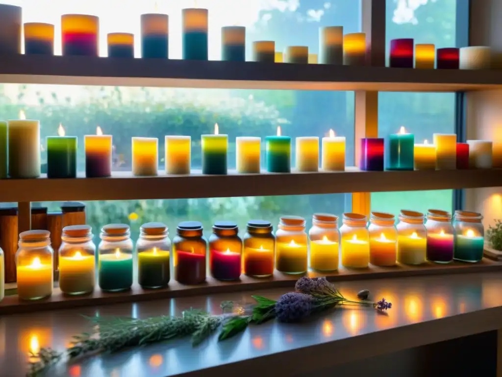 Un taller de velas mágicas: bloques de cera coloridos, estantes con aceites esenciales y hierbas secas en frascos de vidrio