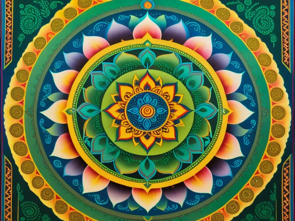 Una mandala tantrica hindú detallada, con colores vibrantes y símbolos de deidades como Shiva y Shakti, rodeada de lotos y mantras sánscritos