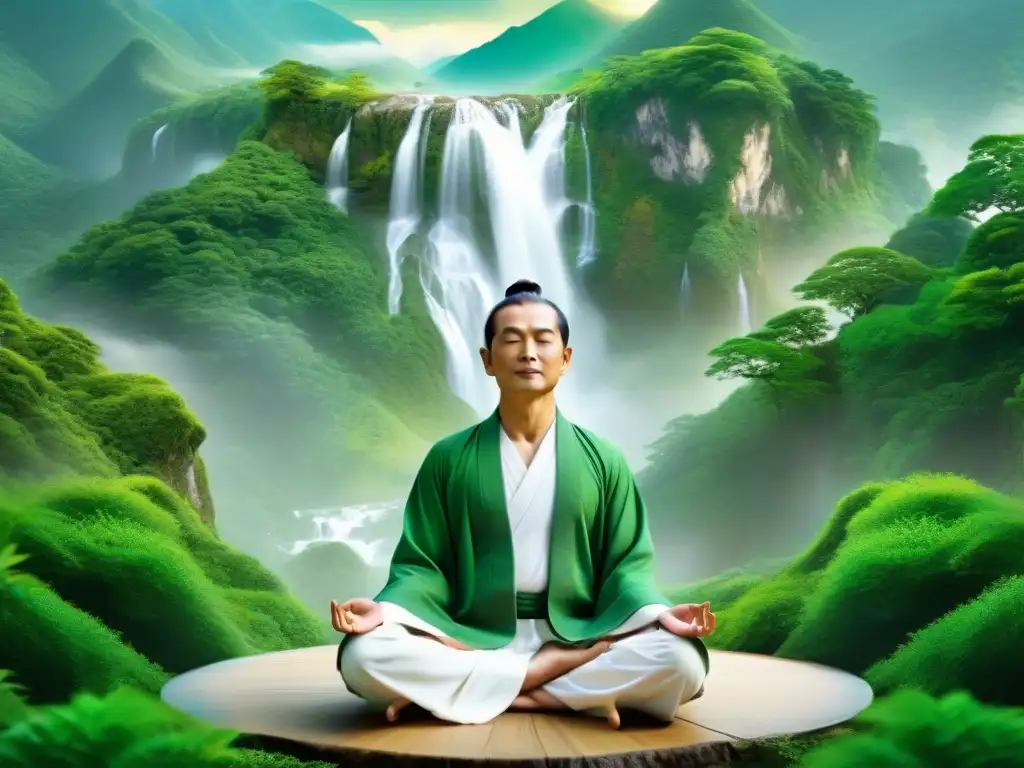 Taoísta meditando en armonía con la naturaleza, rodeado de energías enflujo