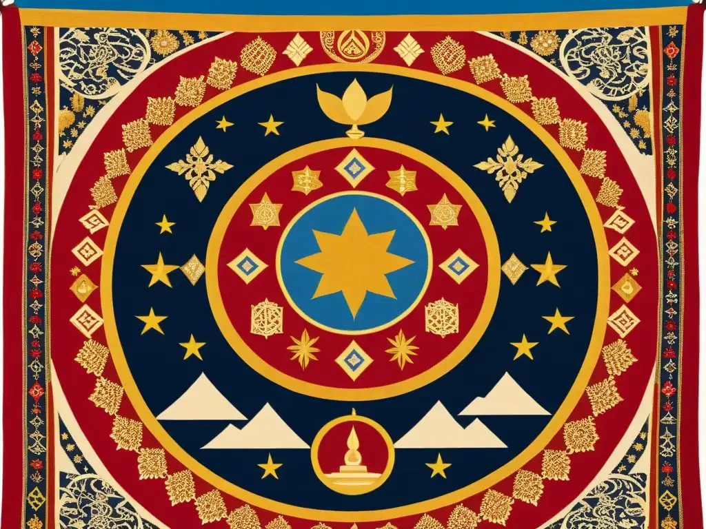 Tapiz Bonpo: símbolos ancestrales en los Himalayas Tapestry Bonpo con influencia en decisiones políticas del Tíbet, entre los Himalayas estrellados