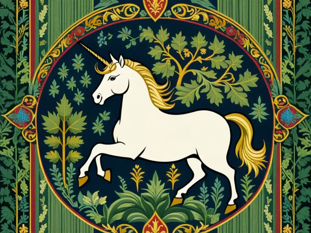 Tapestry medieval detallada de un majestuoso unicornio en un frondoso bosque