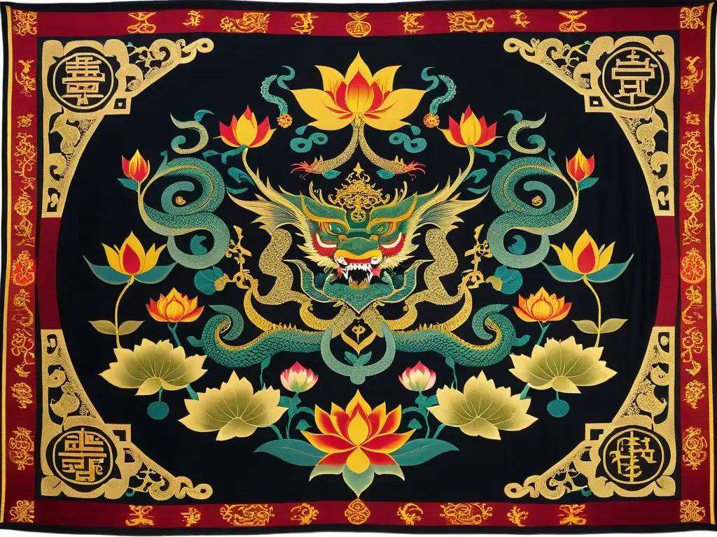 Un tapiz detallado de sociedades secretas asiáticas reveladas, con dragones, flores de loto y figuras en reuniones clandestinas