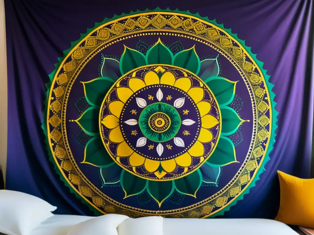 Un tapiz mandala vibrante en una sala secreta con influencia de colores en el estado de ánimo y la salud