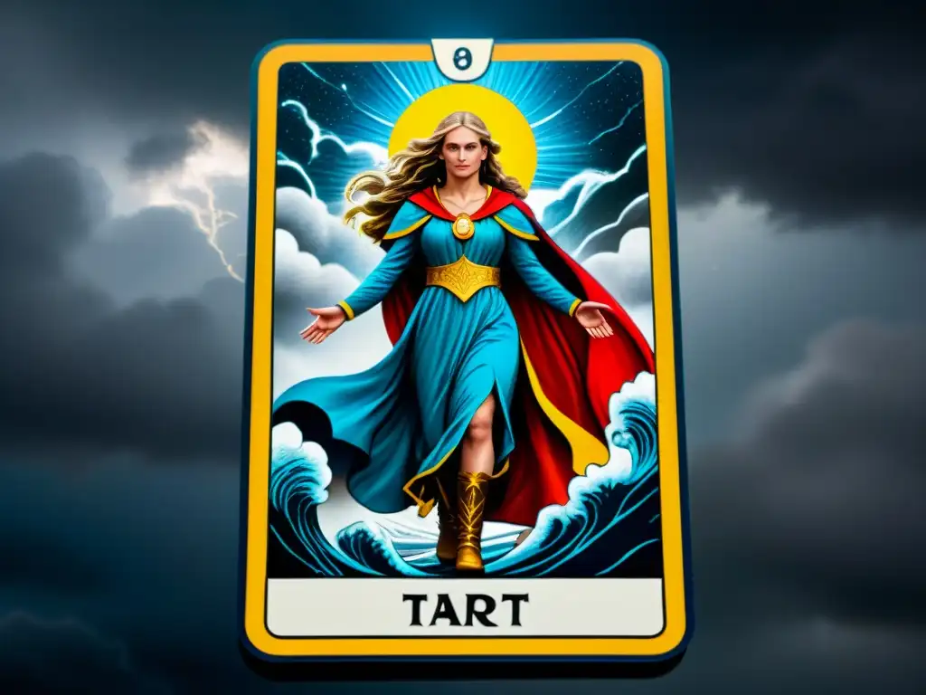 Figura en tarjeta del tarot, firme en la tormenta, simbolizando esperanza y resiliencia