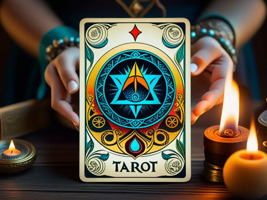 Una tarjeta de tarot ornamental con símbolos de adivinación, en una atmósfera mística con artefactos y sombras