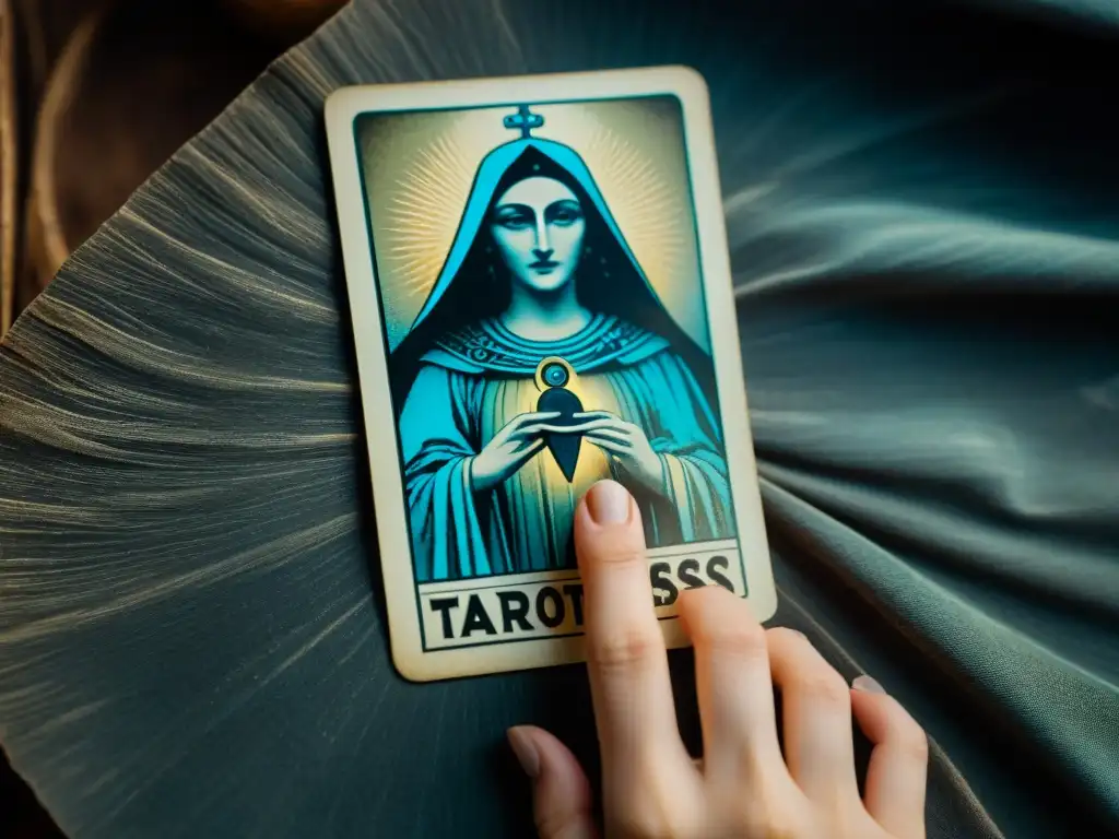 Una tarjeta de tarot antigua con La Papisa, sostenida por una figura misteriosa en un ambiente místico