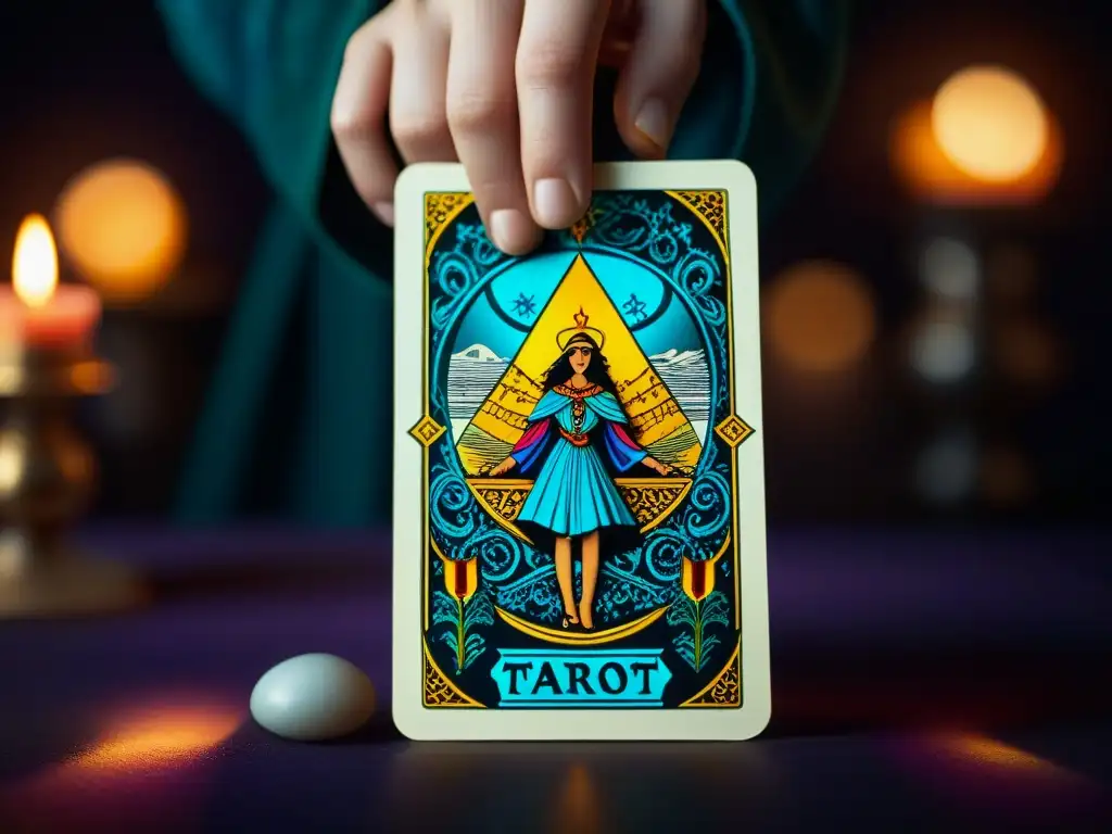 Una tarjeta de tarot misteriosa y detallada siendo revelada, simbolizando sociedades secretas influencia mundo moderno