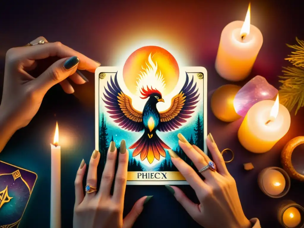 Un Tarot para superar trauma: una carta con un fénix en ascenso, rodeada de luz de velas