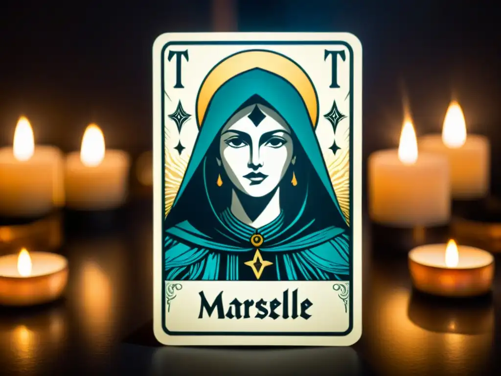 Un tarot desgastado de la baraja de Marsella, rodeado de velas y sostenido por una figura misteriosa