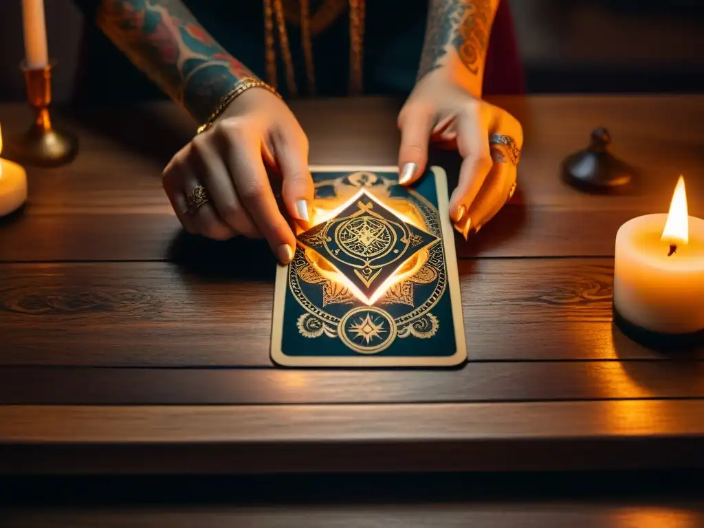 Un tarot detallado colocado en mesa de madera bajo luz de vela, manos tatuadas