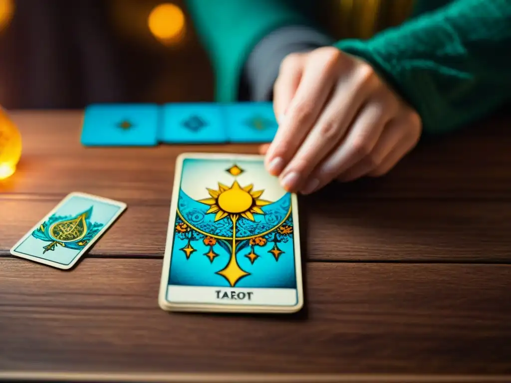 Un tarot ilustrado colocado con delicadeza en una mesa de madera, iluminado por luz natural, creando un ambiente de misticismo y contemplación, ideal para usar el tarot como herramienta de crecimiento personal