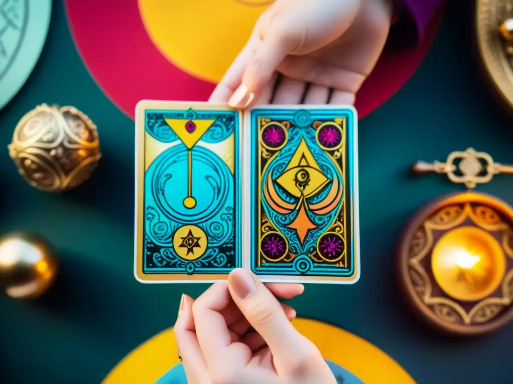 Un tarot misterioso con símbolos y joyas, envuelto en colores y elementos místicos