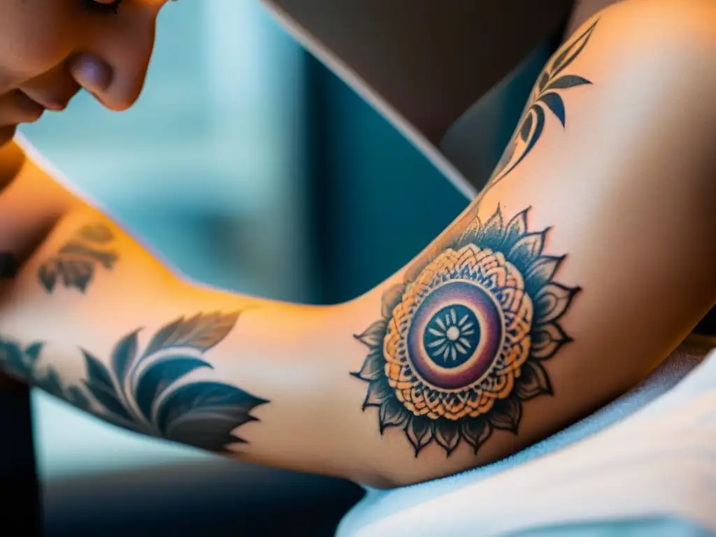 Un tatuador crea un diseño espiritual en la piel de su cliente, mostrando el proceso detallado y profundo