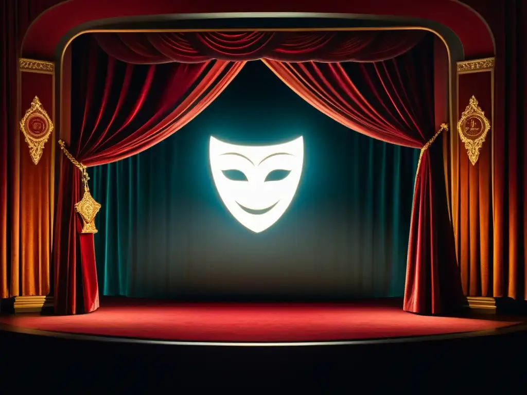 Un teatro misterioso inspirado en sociedades secretas influencia teatro, con símbolos enigmáticos y un actor enmascarado