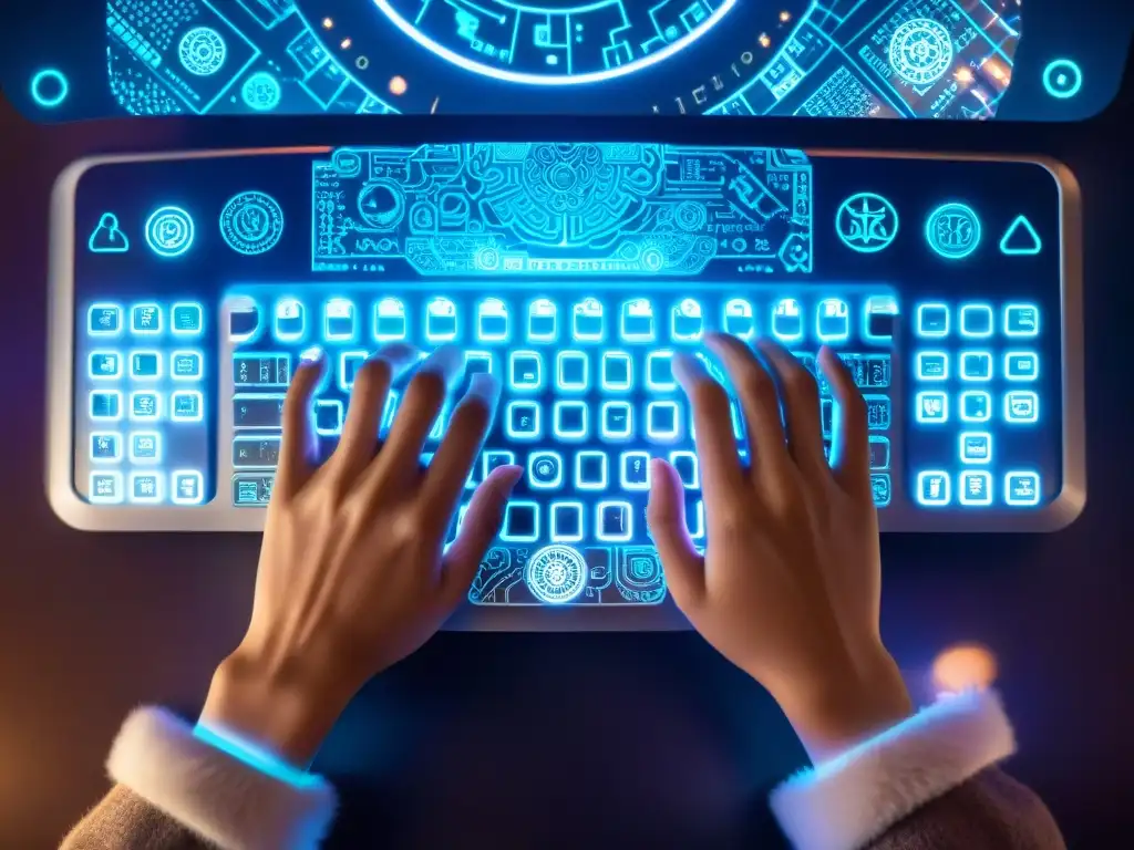 Un teclado holográfico futurista muestra intenciones mágicas con inteligencia artificial, entre símbolos y sigilos brillantes