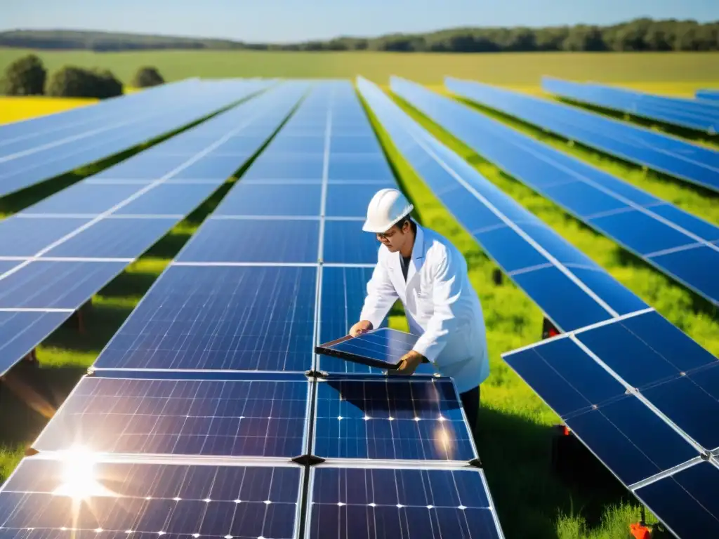 Un técnico ajusta paneles solares en un campo extenso, bajo un cielo azul brillante