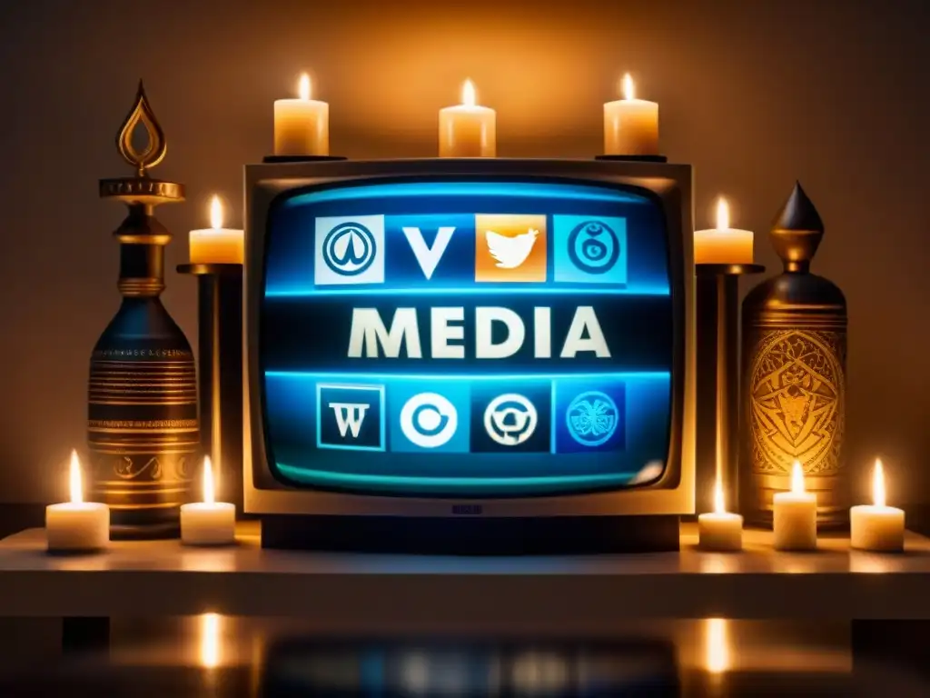 Televisor muestra logos medios con símbolos esotéricos y velas, evocando significado esotérico logos medios comunicación