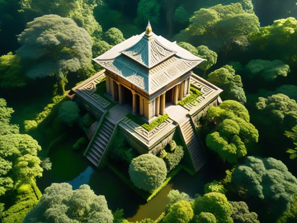 Templo ancestral en misterioso bosque con símbolos y ruinas cubiertas de musgo