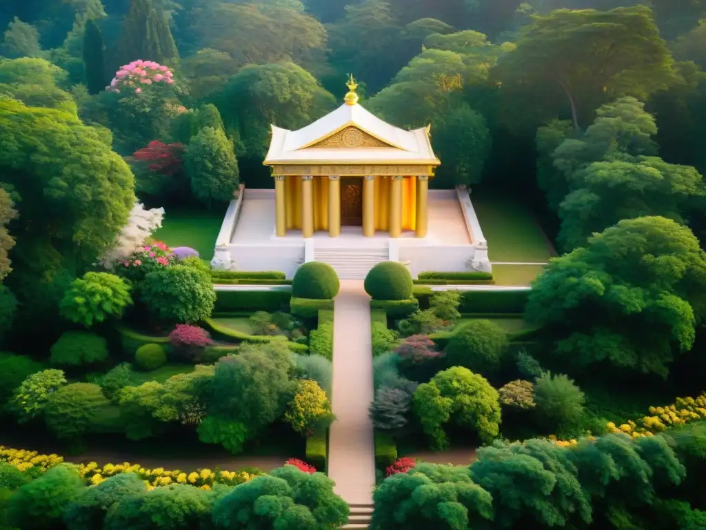 Templo rosacruz en un bosque místico iluminado por la luz dorada del amanecer