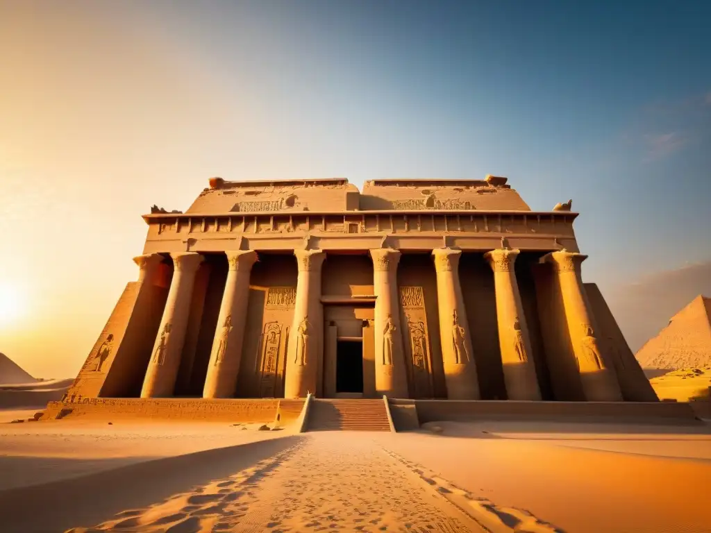 Un templo egipcio antiguo iluminado por la luz dorada del sol poniente, revelando los orígenes egipcios en pensamiento Rosacruz