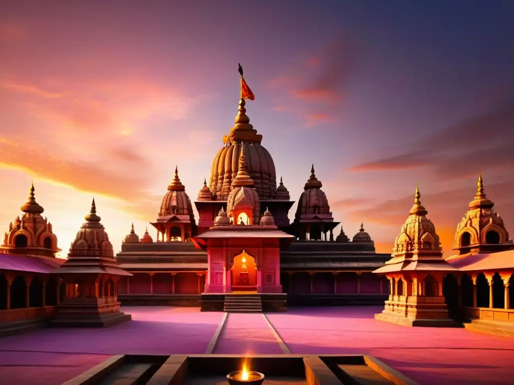 Templo en India al atardecer, con tallados de mitología hindú, devotos en rituales y lámparas de aceite