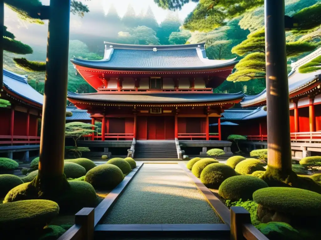 Templo japonés misterioso en un bosque neblinoso, con arquitectura de madera detallada y pilares rojos vibrantes