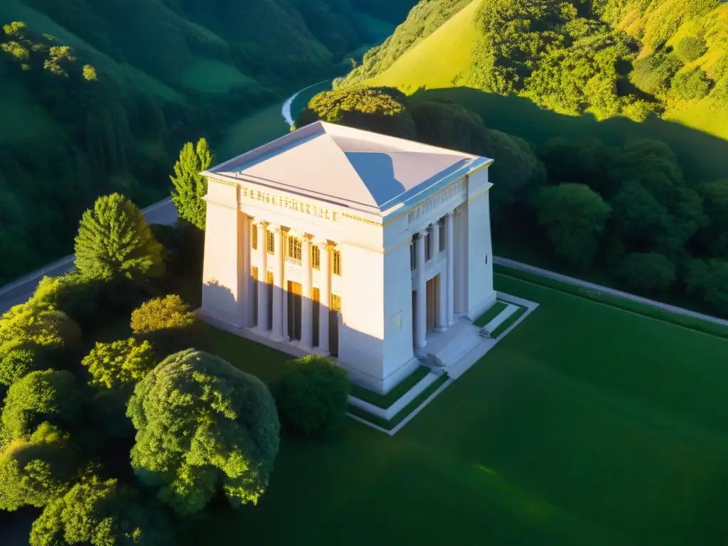 Un templo masónico antiguo en un valle verde, con patrones geométricos y luz dorada al atardecer