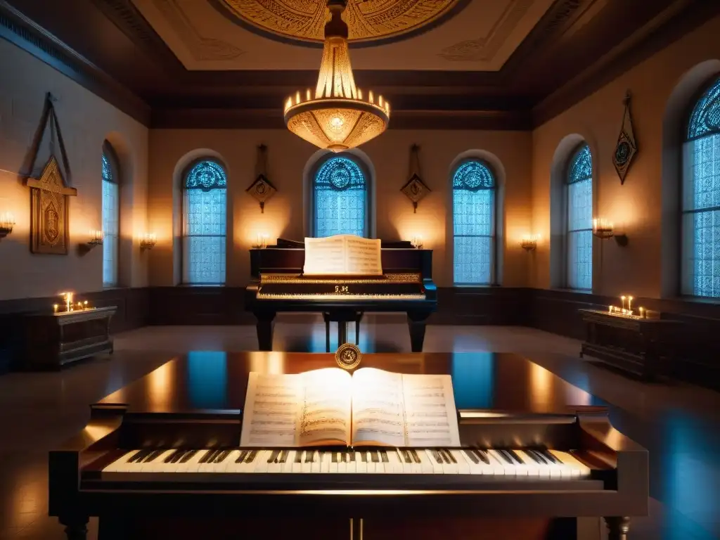 Un templo masónico decorado con símbolos, un piano iluminado por una vela