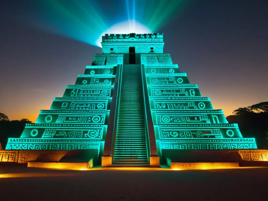 Templo maya iluminado con códigos binarios y símbolos ancestrales en proyección digital