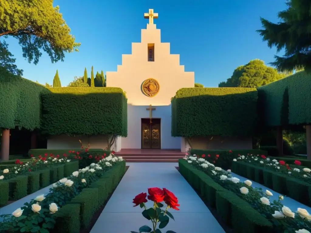 Un templo rosacruz moderno iluminado por la cálida luz del sol poniente, rodeado de naturaleza exuberante y rosas en flor