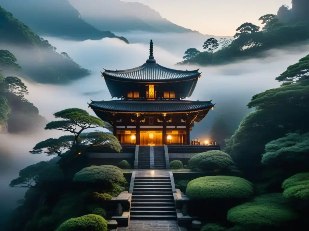 Misterioso templo ninja en la montaña Un templo de montaña secreto entre la niebla, con ninjas practicando técnicas sigilosas bajo la luz de la luna