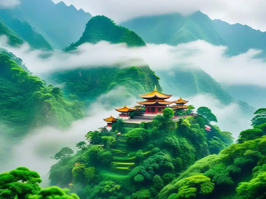 Templo ornado entre montañas verdes en Asia, monjes y banderas coloridas