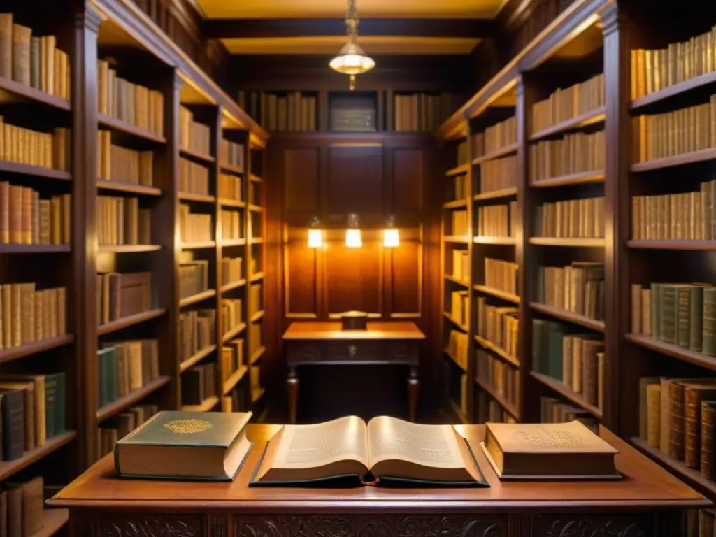 En la tenue luz de una antigua biblioteca, libros polvorientos y encuadernados en cuero llenan los estantes