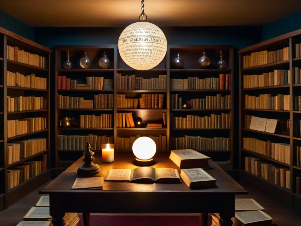 En la tenue luz de una habitación llena de libros antiguos sobre magia y lo oculto, una vela titila proyectando sombras misteriosas