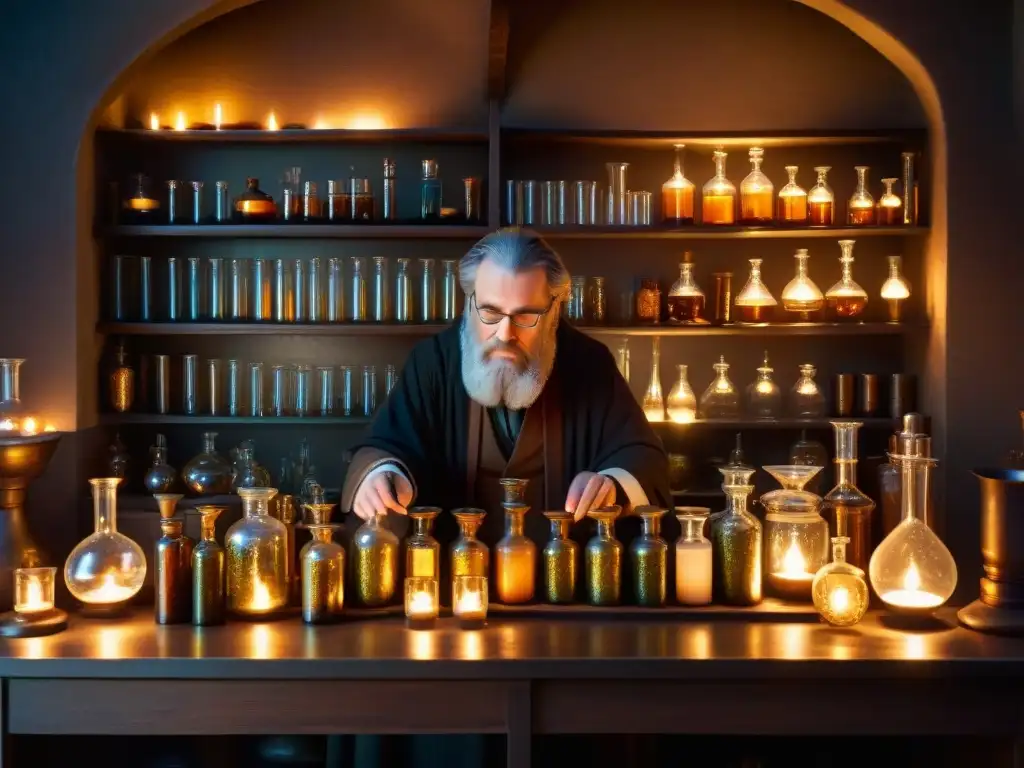 En la tenue luz de las velas, un alquimista vierte líquido entre frascos en su laboratorio, evocando misterio y sabiduría esotérica