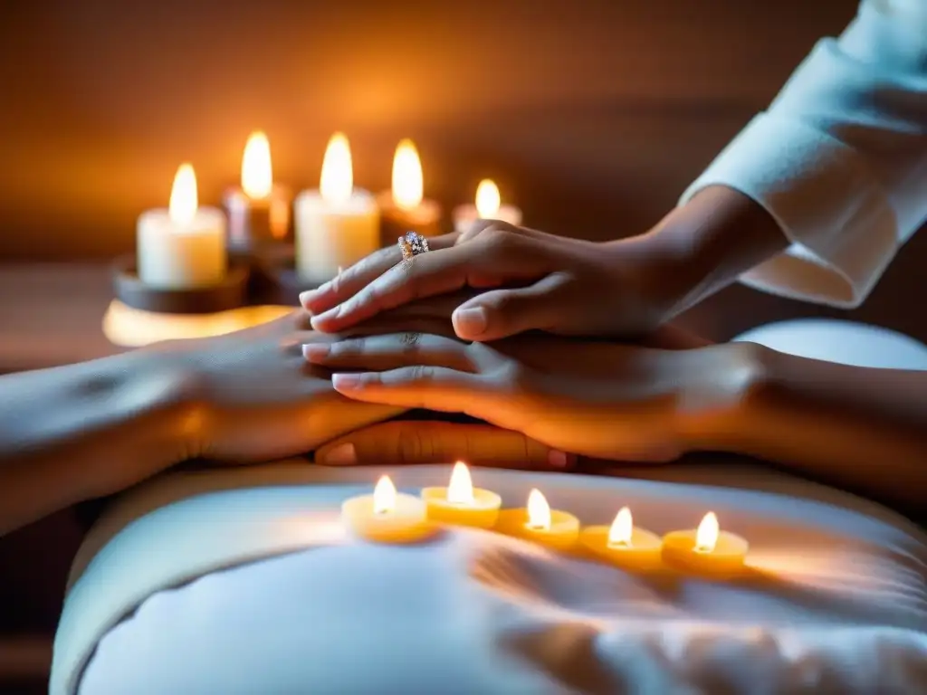 Sesión de Reiki: Sanación con Energía y Paz Un terapeuta de Reiki canaliza energía sanadora sobre la espalda de una persona en una sesión, rodeados de velas y cristales
