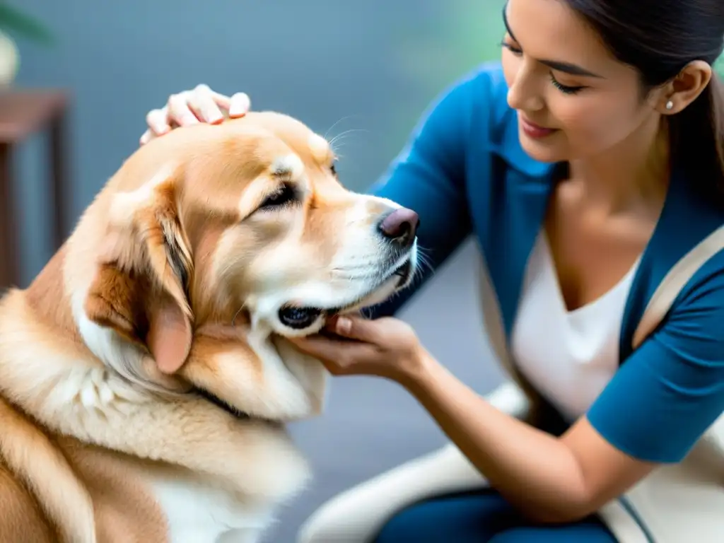 Una terapeuta acaricia con ternura a un perro terapéutico, mostrando una conexión serena