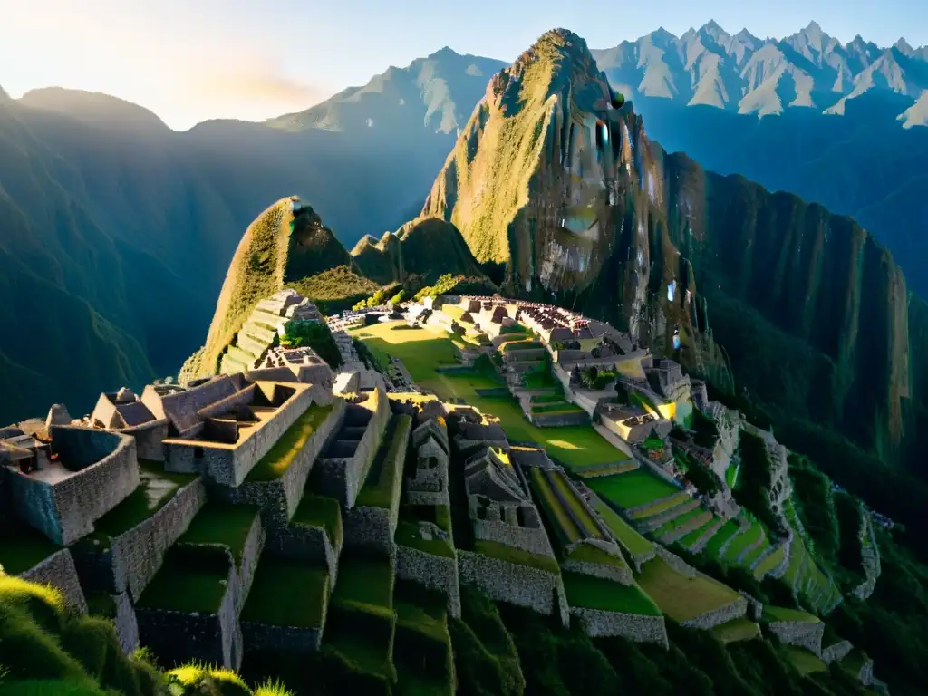 Tesoros perdidos de los Incas: Machu Picchu al amanecer, sus estructuras de piedra bañadas en luz dorada y la neblina sobre las montañas