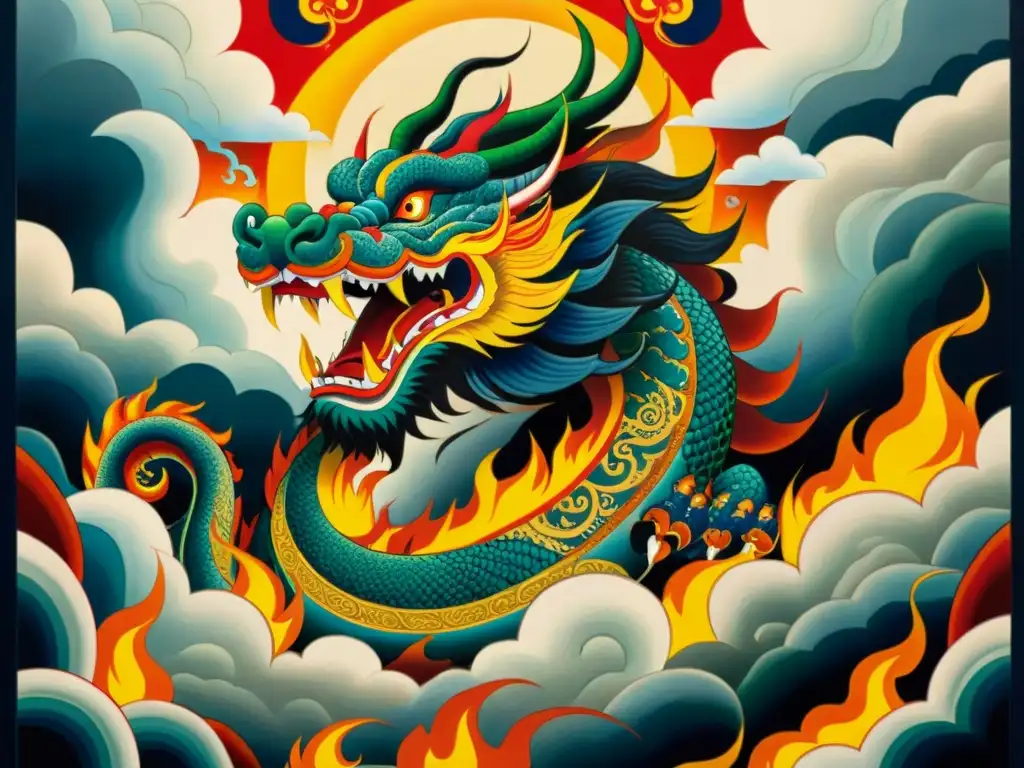 Un thangka tibetano detalla un dragón feroz rodeado de nubes y llamas, simbolizando fuerza y protección en rituales de protección culturas orientales