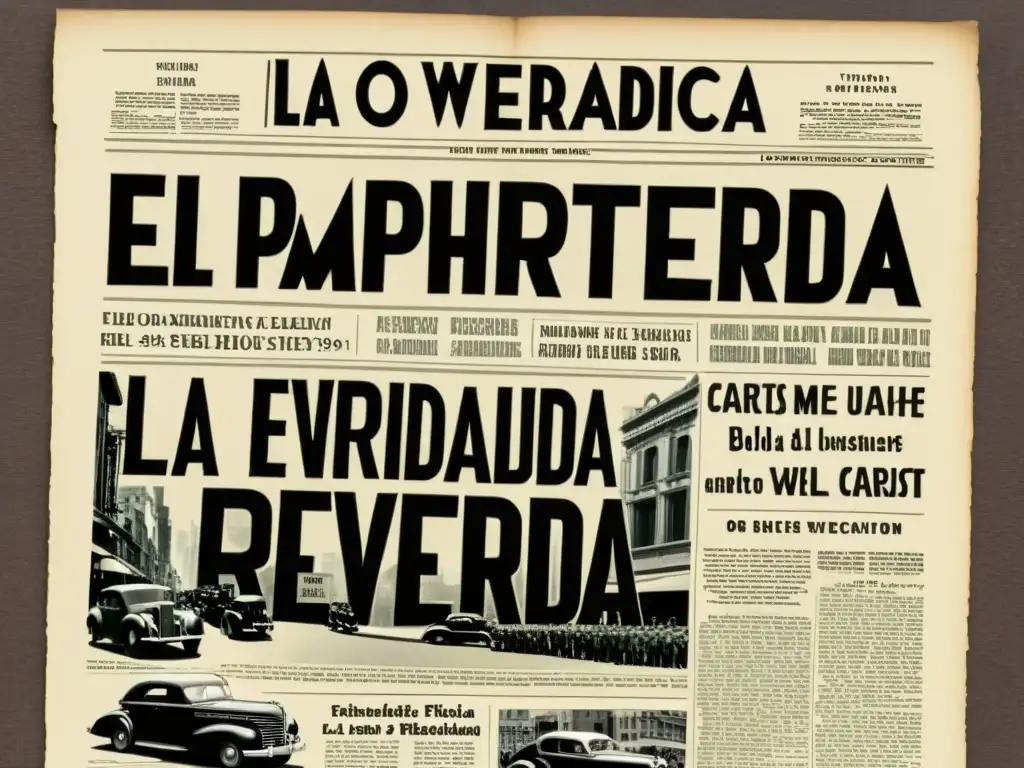 Titular histórico del periódico de los años 40: 'El Experimento Filadelfia: La Verdadera Historia Revelada' en una concurrida calle de la ciudad