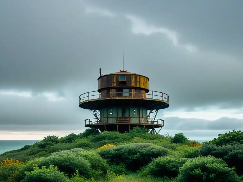 Una torre de radar abandonada en Camp Hero, Montauk, Nueva York, envuelta en niebla y misterio