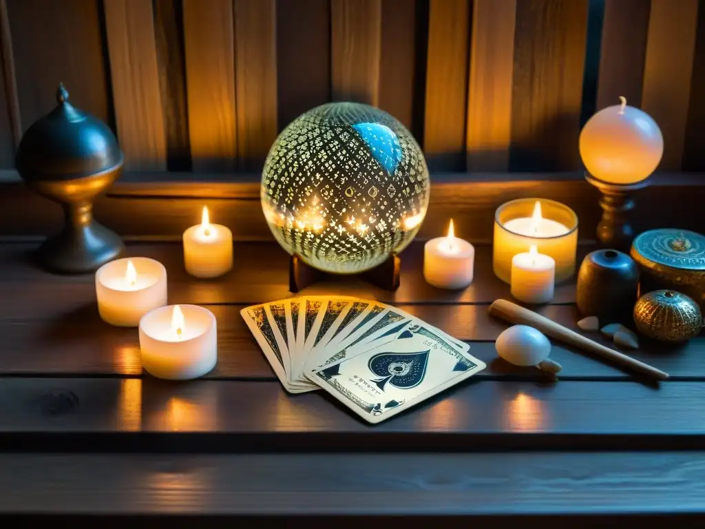 Un rincón tranquilo iluminado por velas, con objetos místicos y un mazo de cartas del Tarot