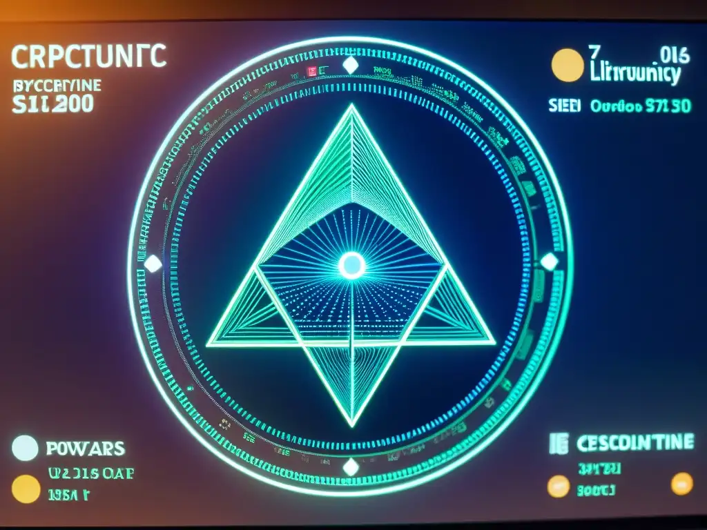 Transacción criptomoneda con símbolos Illuminati, red de nodos y datos, reflejando la influencia de sociedades secretas en criptomonedas