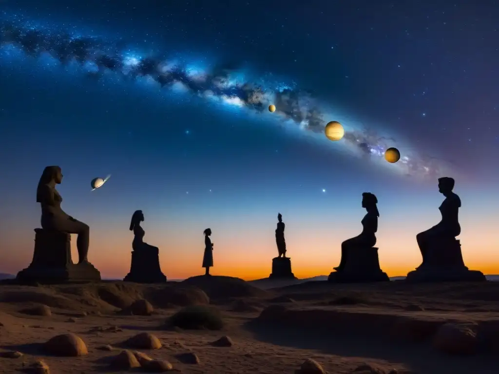 Conjunción planetaria: Antiguas figuras observan asombradas Tránsitos planetarios significativos vida: Antiguos gobernantes maravillados por planetas alineados en raro evento celestial