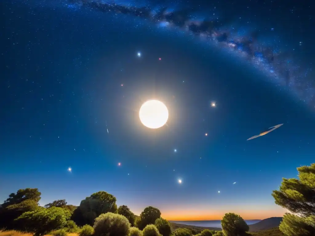 Maravilla celestial: alineación planetaria en el firmamento nocturno Tránsitos planetarios significativos vida: planetas alineados en un cielo estrellado, un espectáculo celestial impactante